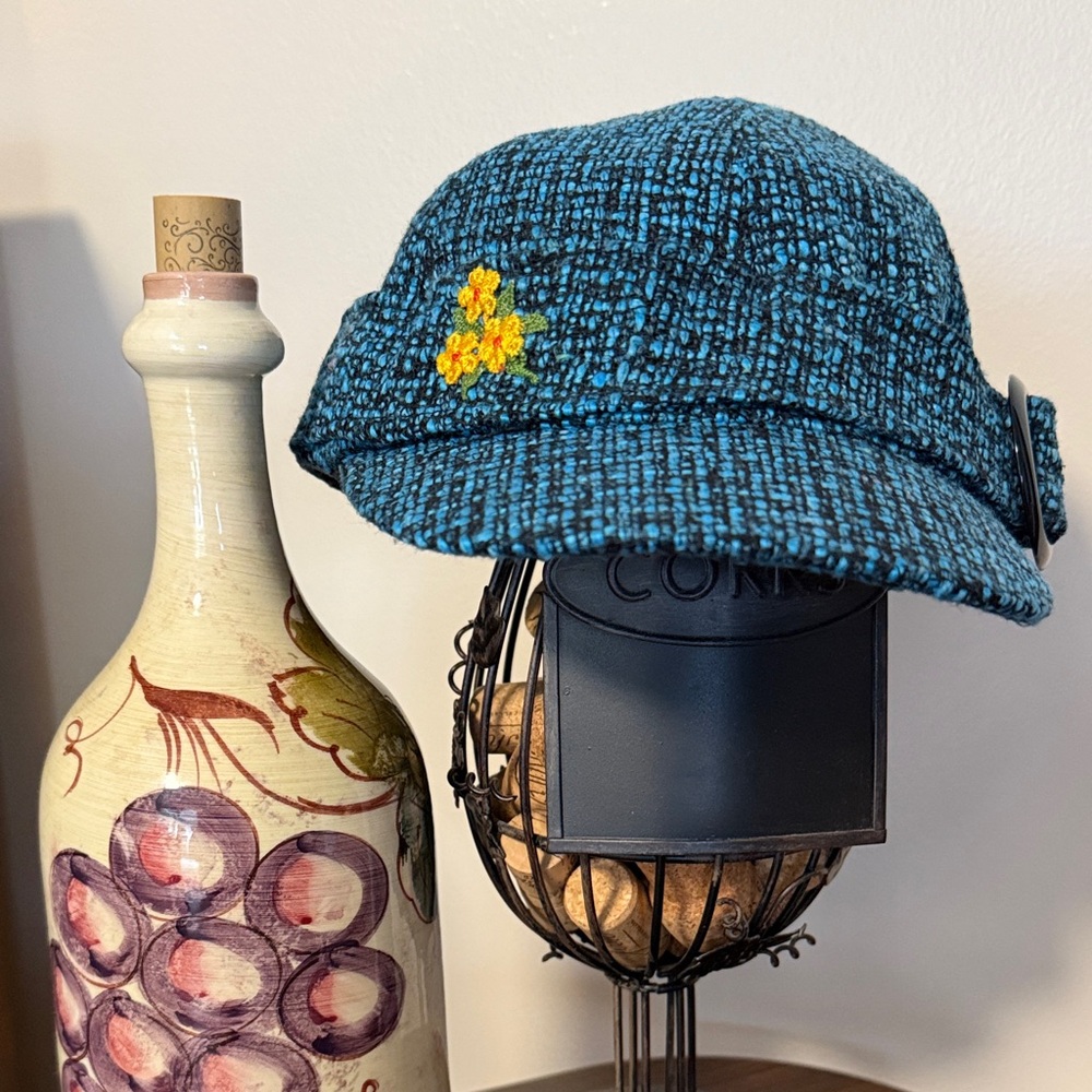 Blue Tweed Women's Cap with Floral Embroidery